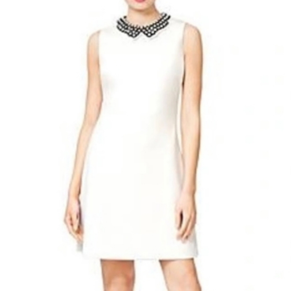 Betsy Johnson Embellished Pearl Collar Crepe Shift Dress Winter White Size 10